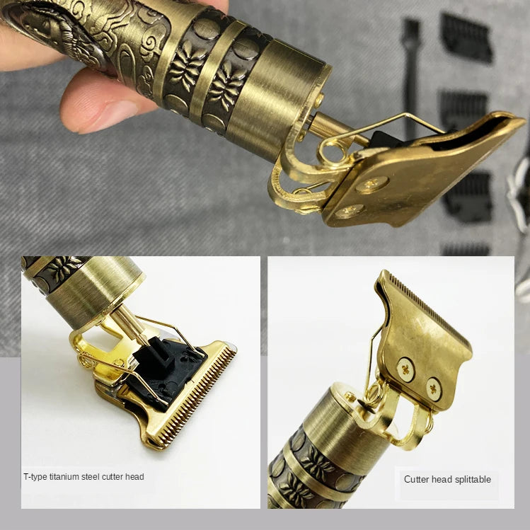 Máquina Profissional Dragão Acabamento Sem Fio Cabelo Barba Pezinho Personalizada Com Limitador de Lamina Ajustável Recarregável 4 Pentes Óleo Escovinha Kit Conjunto Aparador Acabamento