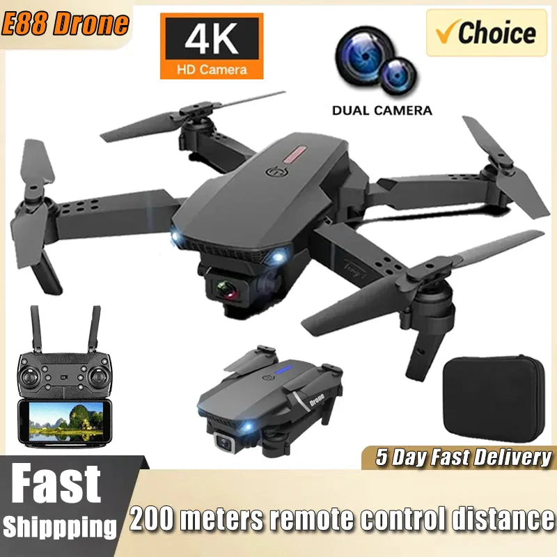 Drone E88 4K Wi-Fi FPV Dobrável com Câmera HD e Altitude Segura
