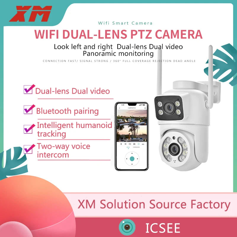 Câmera de Segurança Wi-Fi PTZ 6MP com Dupla Tela – Visão Noturna, Rastreamento Automático e Monitoramento Externo
