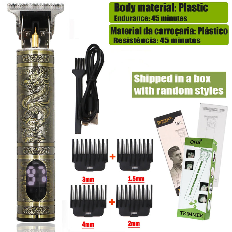Máquina Profissional Dragão Acabamento Sem Fio Cabelo Barba Pezinho Personalizada Com Limitador de Lamina Ajustável Recarregável 4 Pentes Óleo Escovinha Kit Conjunto Aparador Acabamento