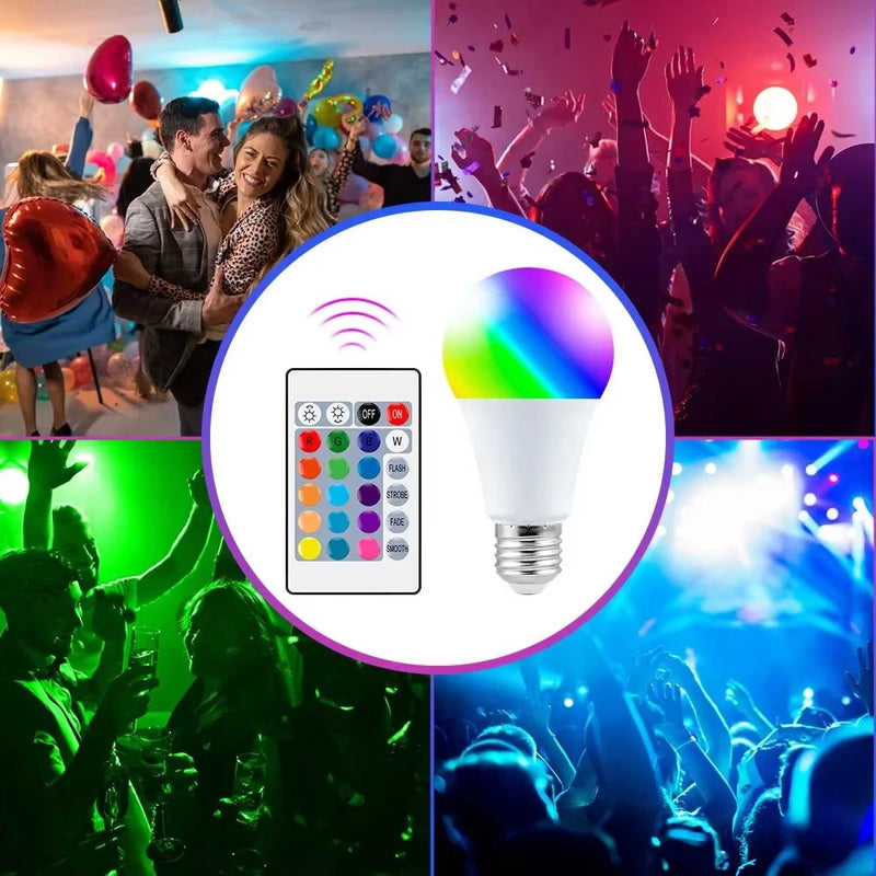 Lâmpada inteligente com controle remoto de 24 teclas, luz ambiente, 16 cores, lâmpada RGB, LED multicolorida, E27, 220 V, iluminação doméstica regulável