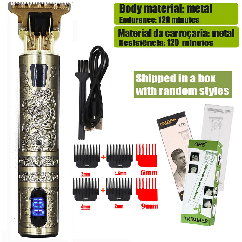 Máquina Profissional Dragão Acabamento Sem Fio Cabelo Barba Pezinho Personalizada Com Limitador de Lamina Ajustável Recarregável 4 Pentes Óleo Escovinha Kit Conjunto Aparador Acabamento