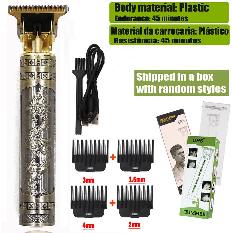 Máquina Profissional Dragão Acabamento Sem Fio Cabelo Barba Pezinho Personalizada Com Limitador de Lamina Ajustável Recarregável 4 Pentes Óleo Escovinha Kit Conjunto Aparador Acabamento