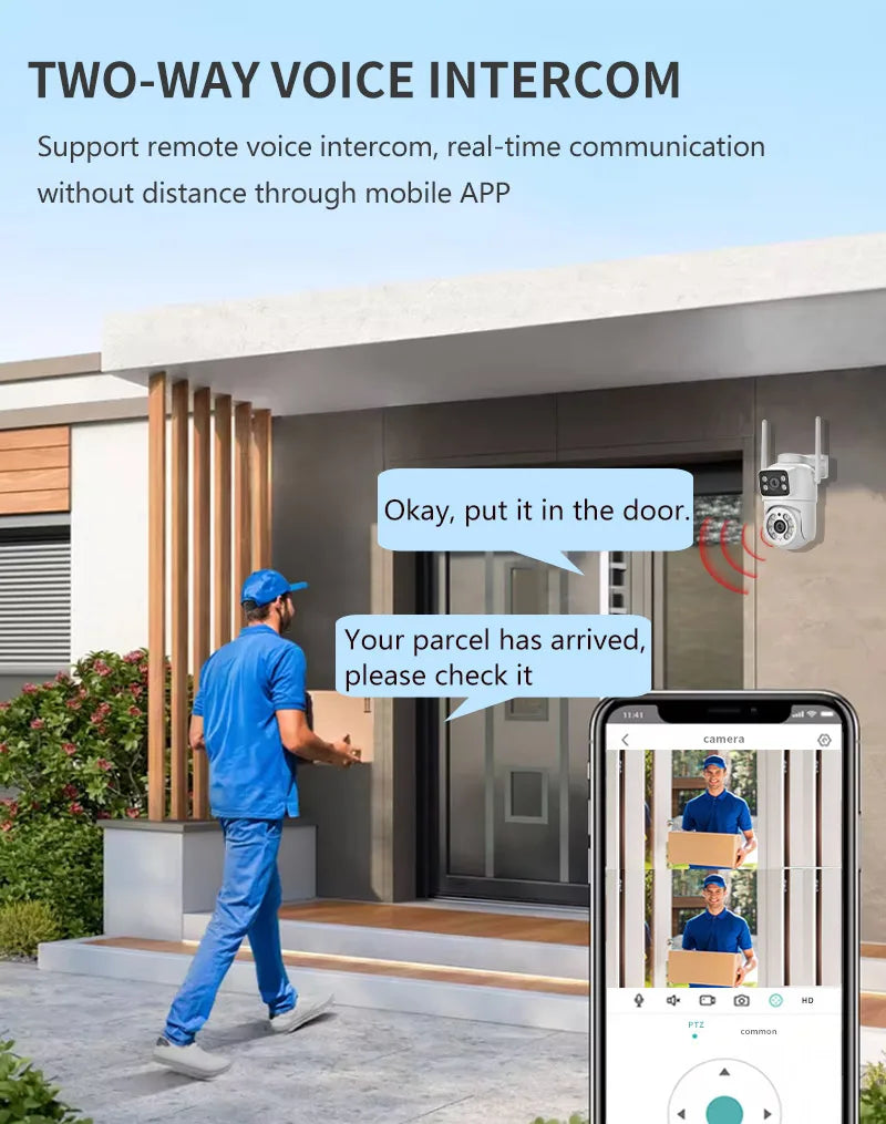 Câmera de Segurança Wi-Fi PTZ 6MP com Dupla Tela – Visão Noturna, Rastreamento Automático e Monitoramento Externo