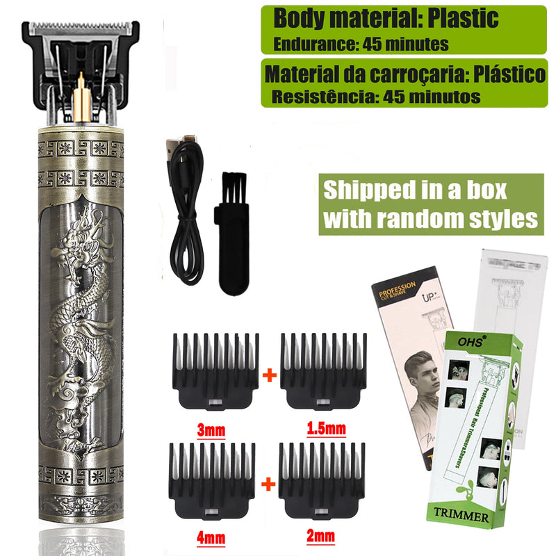 Máquina Profissional Dragão Acabamento Sem Fio Cabelo Barba Pezinho Personalizada Com Limitador de Lamina Ajustável Recarregável 4 Pentes Óleo Escovinha Kit Conjunto Aparador Acabamento