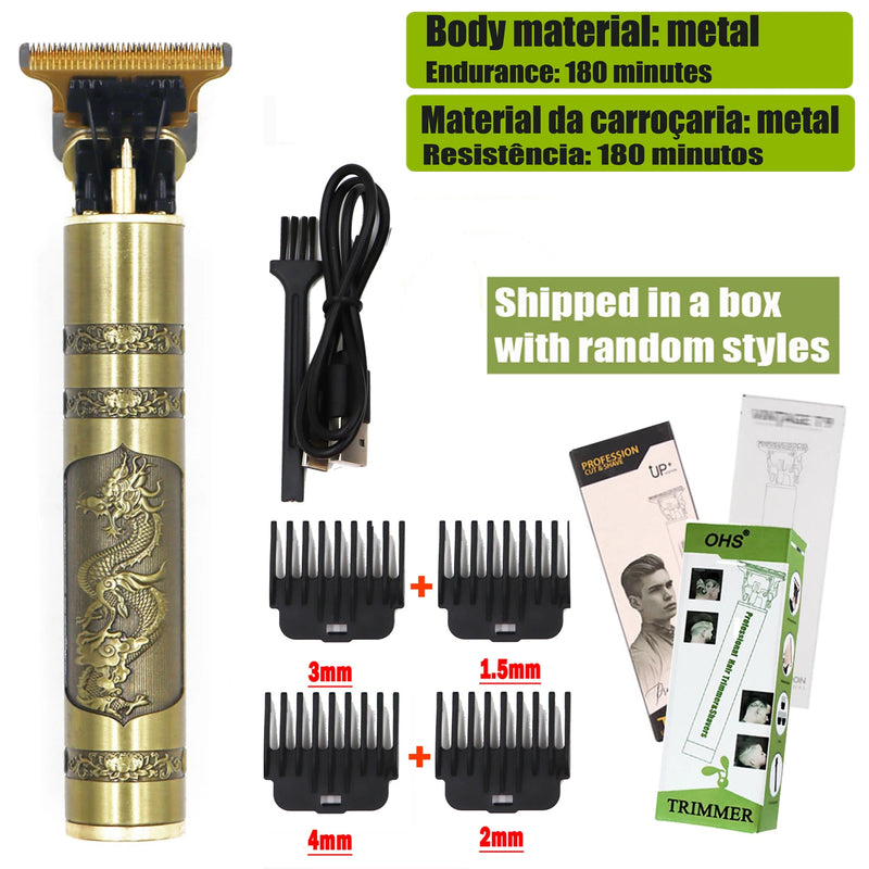 Máquina Profissional Dragão Acabamento Sem Fio Cabelo Barba Pezinho Personalizada Com Limitador de Lamina Ajustável Recarregável 4 Pentes Óleo Escovinha Kit Conjunto Aparador Acabamento