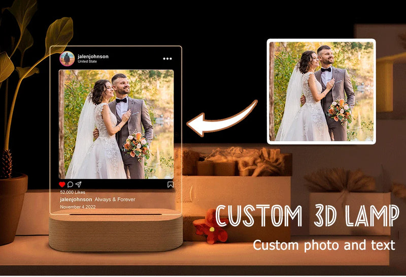 Luminária 3D Personalizada com Foto – Presente Criativo com Gravação para Casamento, Aniversário, Natal