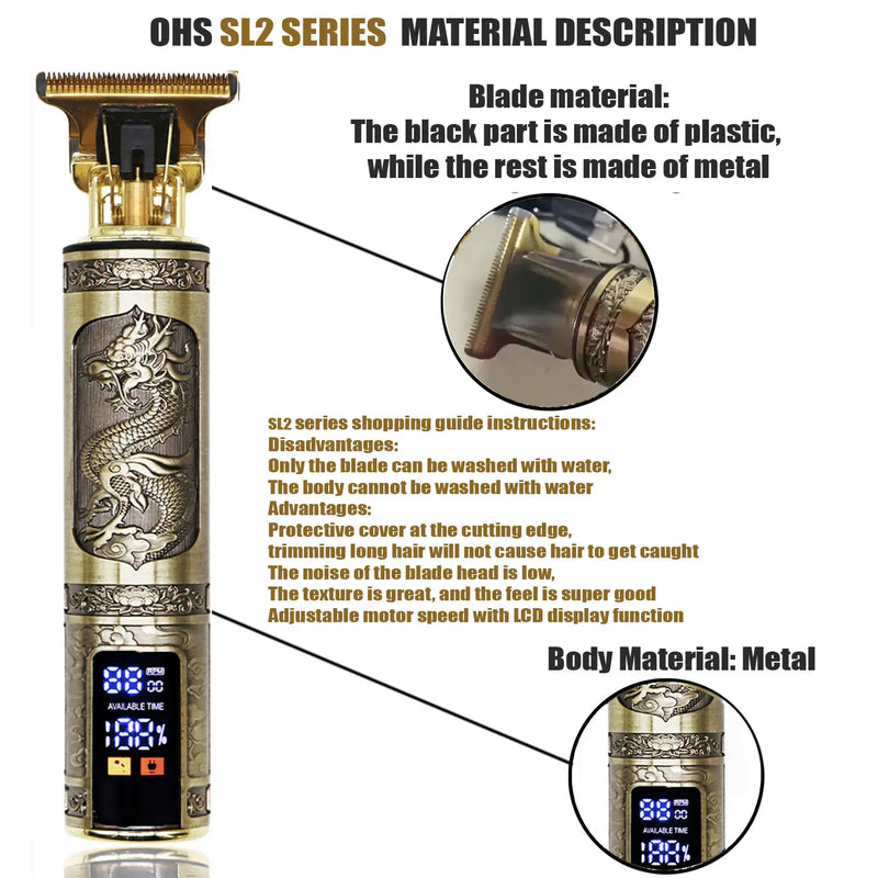 Máquina Profissional Dragão Acabamento Sem Fio Cabelo Barba Pezinho Personalizada Com Limitador de Lamina Ajustável Recarregável 4 Pentes Óleo Escovinha Kit Conjunto Aparador Acabamento