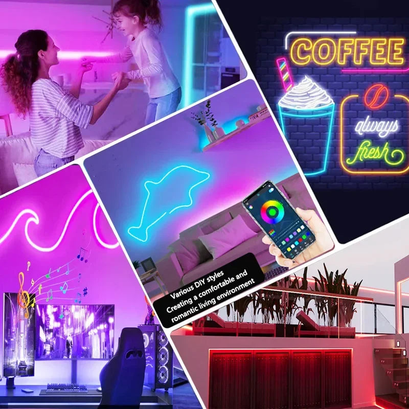 Fita LED Neon RGB – 1/2/3/5 Metros | IP65 à Prova d’Água | Controle Remoto via App Tuya | USB | Flexível para Decoração Residencial