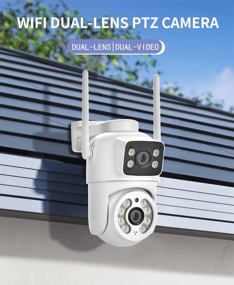 Câmera de Segurança Wi-Fi PTZ 6MP com Dupla Tela – Visão Noturna, Rastreamento Automático e Monitoramento Externo