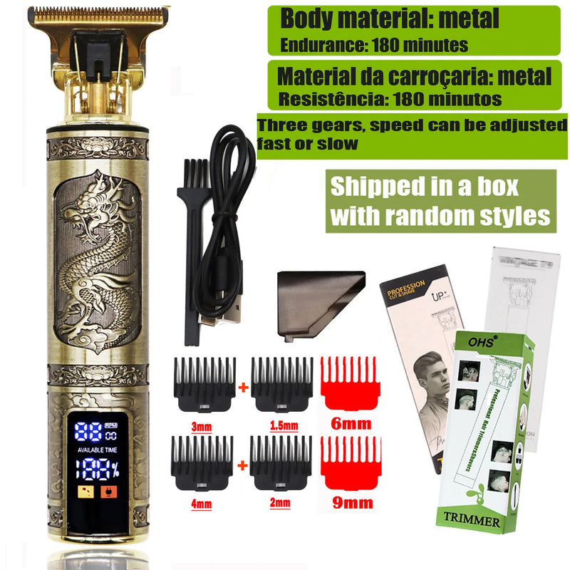 Máquina Profissional Dragão Acabamento Sem Fio Cabelo Barba Pezinho Personalizada Com Limitador de Lamina Ajustável Recarregável 4 Pentes Óleo Escovinha Kit Conjunto Aparador Acabamento