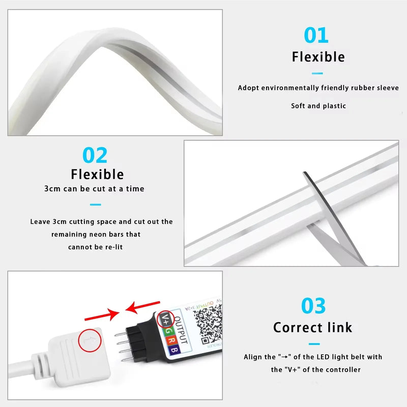 Fita LED Neon RGB – 1/2/3/5 Metros | IP65 à Prova d’Água | Controle Remoto via App Tuya | USB | Flexível para Decoração Residencial