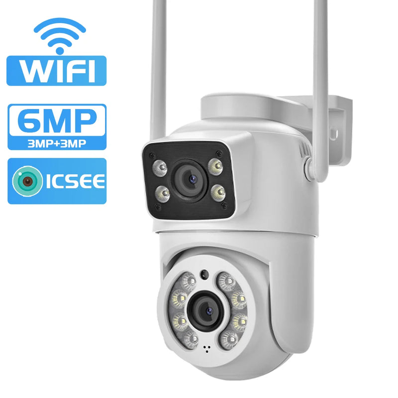 Câmera de Segurança Wi-Fi PTZ 6MP com Dupla Tela – Visão Noturna, Rastreamento Automático e Monitoramento Externo