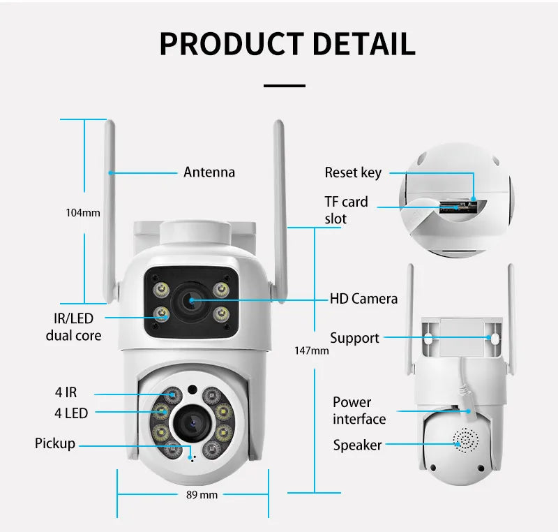 Câmera de Segurança Wi-Fi PTZ 6MP com Dupla Tela – Visão Noturna, Rastreamento Automático e Monitoramento Externo