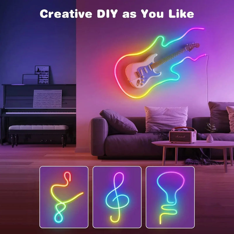 Fita LED Neon RGB – 1/2/3/5 Metros | IP65 à Prova d’Água | Controle Remoto via App Tuya | USB | Flexível para Decoração Residencial