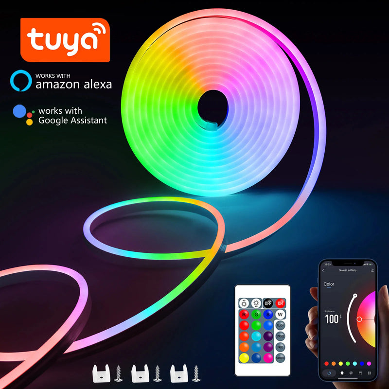 Fita LED Neon RGB – 1/2/3/5 Metros | IP65 à Prova d’Água | Controle Remoto via App Tuya | USB | Flexível para Decoração Residencial