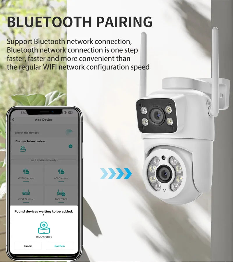 Câmera de Segurança Wi-Fi PTZ 6MP com Dupla Tela – Visão Noturna, Rastreamento Automático e Monitoramento Externo